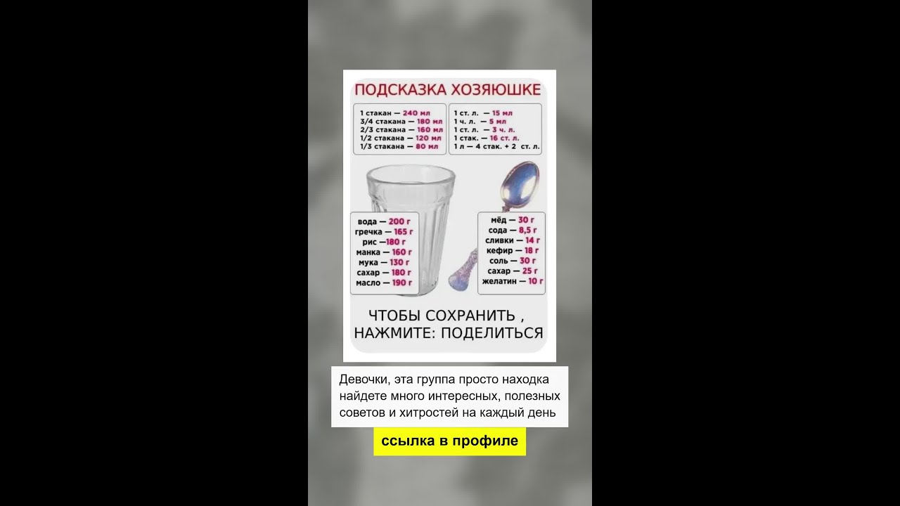 ТАБЛИЦА МЕР ДЛЯ КУХНИ! Стакан в граммах и миллилитрах - сохрани себе!