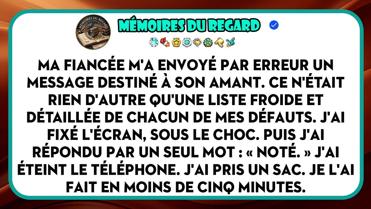 Le message est arrivé un mardi après-midi. J'étais en train de travailler quand mon téléphone s'est allumé. C'était Chloé, ma fiancée. Enfin, je croyais que c'était moi. En ouvrant le message,...
