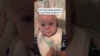 4 month old tries oatmeal