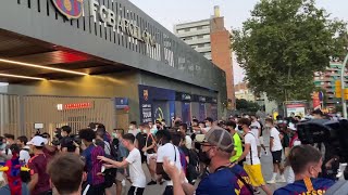 Barcelona fans swarm into the nou camp to protest for messi stay at
barca. police had intervene diffuse situation.