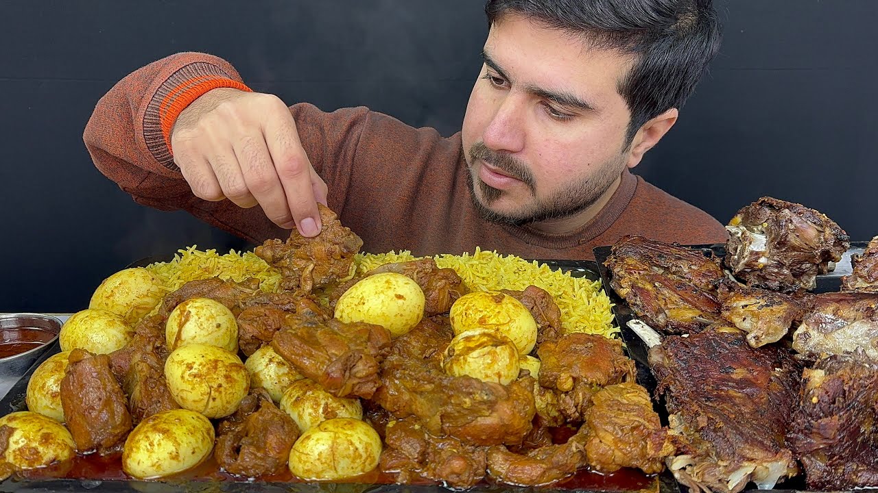 ASMR; Eating Spicy eggs Chicken Curry+Namkeen Mutton+Masala rice || Real Mukbang(No talking)