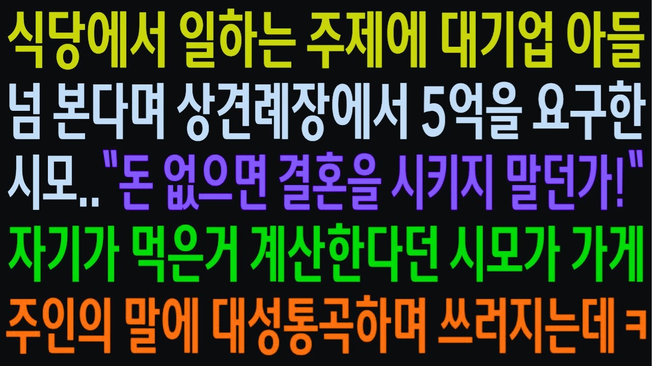 “네 주제에 재벌 아들 욕심이냐?” 상견례 자리에서 5억 요구한 시어머니… 뜻밖의 인물 등장에 오열하며 주저앉다ㅋㅋ 사이다 사연라디오