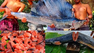 Village Tribal Food | Largest Fish Cutting & Cooking | 70 Kg Big Marlin Fish | Fish Curry Recipe