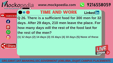MockoPedia TIME AND WORK PRACTICE Q26:There is a sufficient food for 300 men for 32 days. After.....