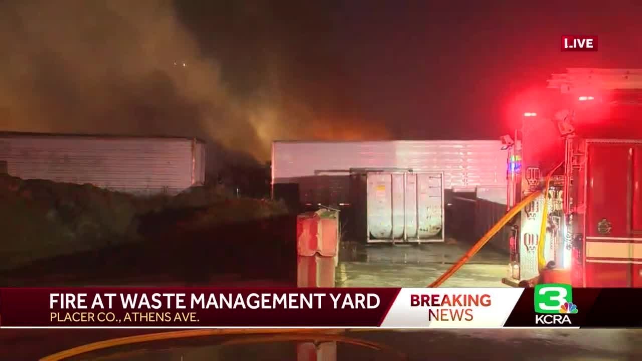 Fire breaks out at waste management yard in Placer County - YouTube