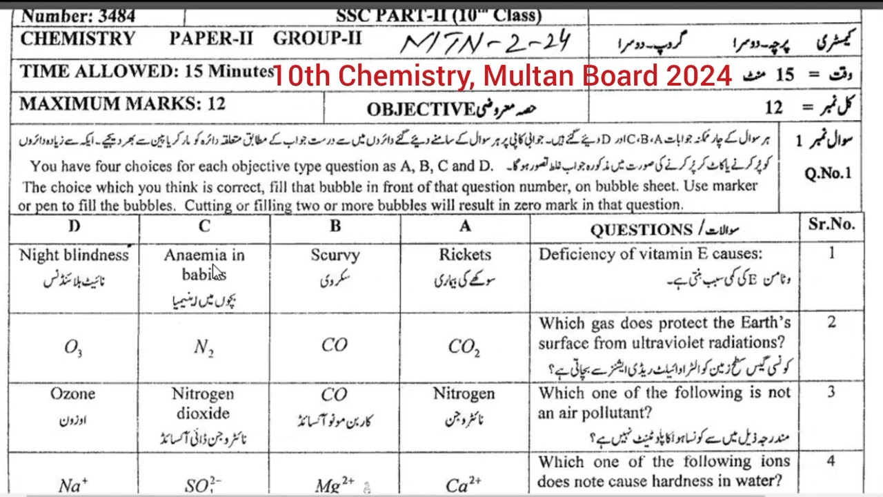 Past Paper of 10th Chemistry, Multan Board 2024