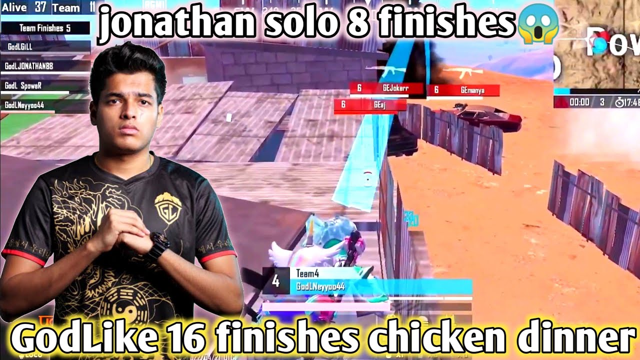 🇮🇳GodLike 16 finishes chicken dinner 😱| Jonathan Solo 8 finishes ...