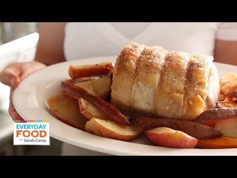 Roast Loin of Pork with Crispy Crackling and Roasted Apples. 