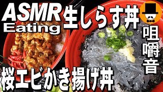 [ASMR Eating Sounds 咀嚼音 飯テロ 動画]生しらす丼桜エビかき揚げ丼、日清どん兵衛きつねうどんを食べるオヤジ動画Japan