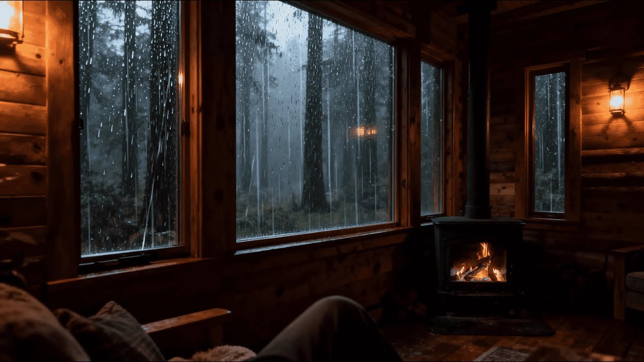 Rainy Cabin Ambience – Cozy Fireplace & Rain Sounds for Sleep, Study ...