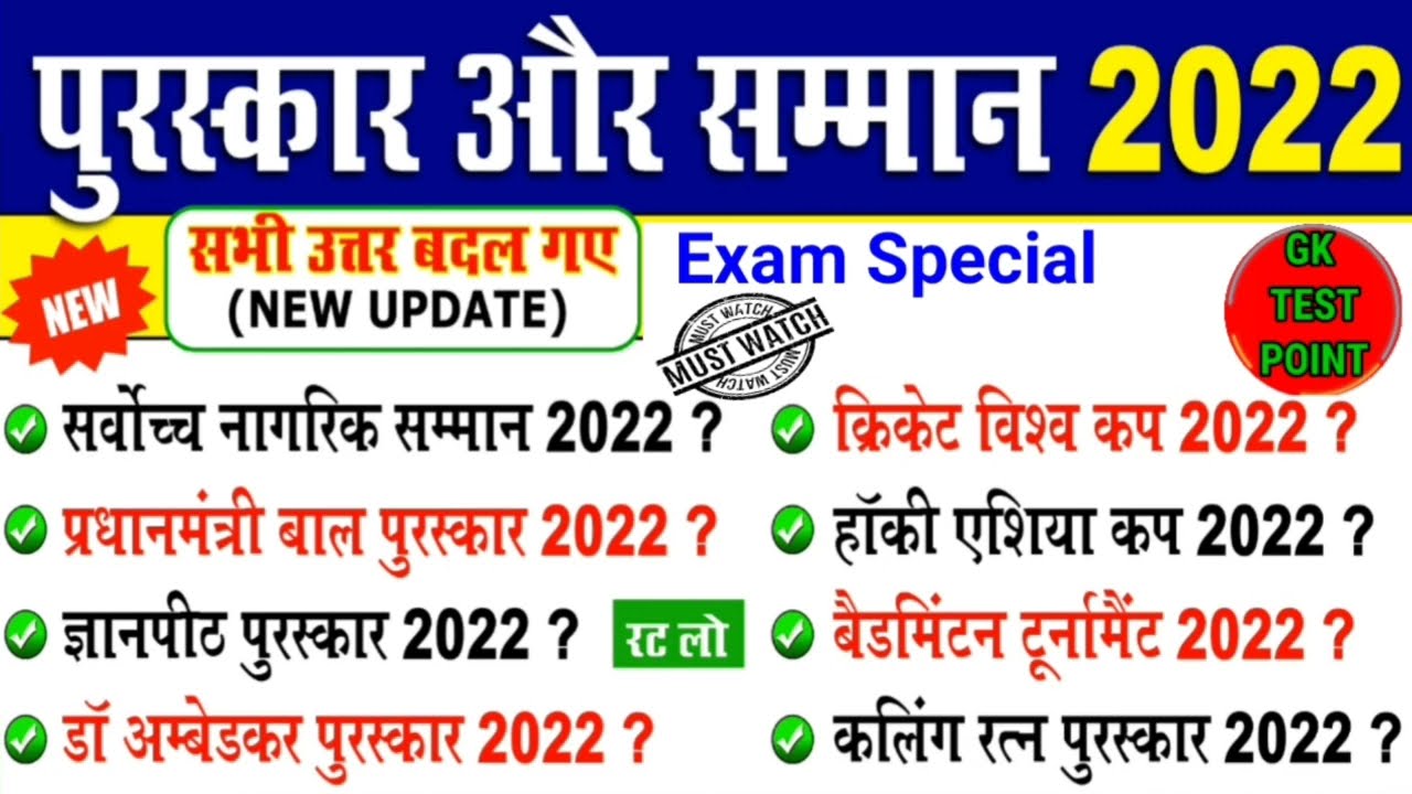 पुरस्कार और सम्मान 2022 | Awards and Honours 2022 | पुरस्कार 2022 | Puraskar 2022 | Important Awards