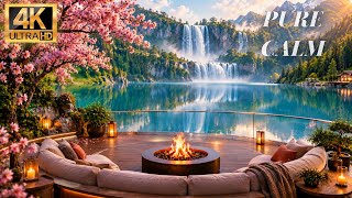 4K Live Wallpaper Lakeside Terrace with Waterfalls & Mountains  | Relaxing Water & Fire Sounds screenshot 3