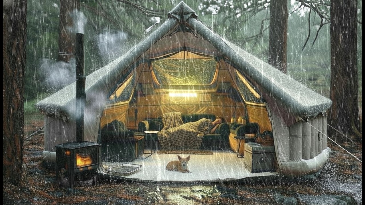 Одиночный поход в сильный дождь, молнии и гроза // Установка теплой надувной палатки