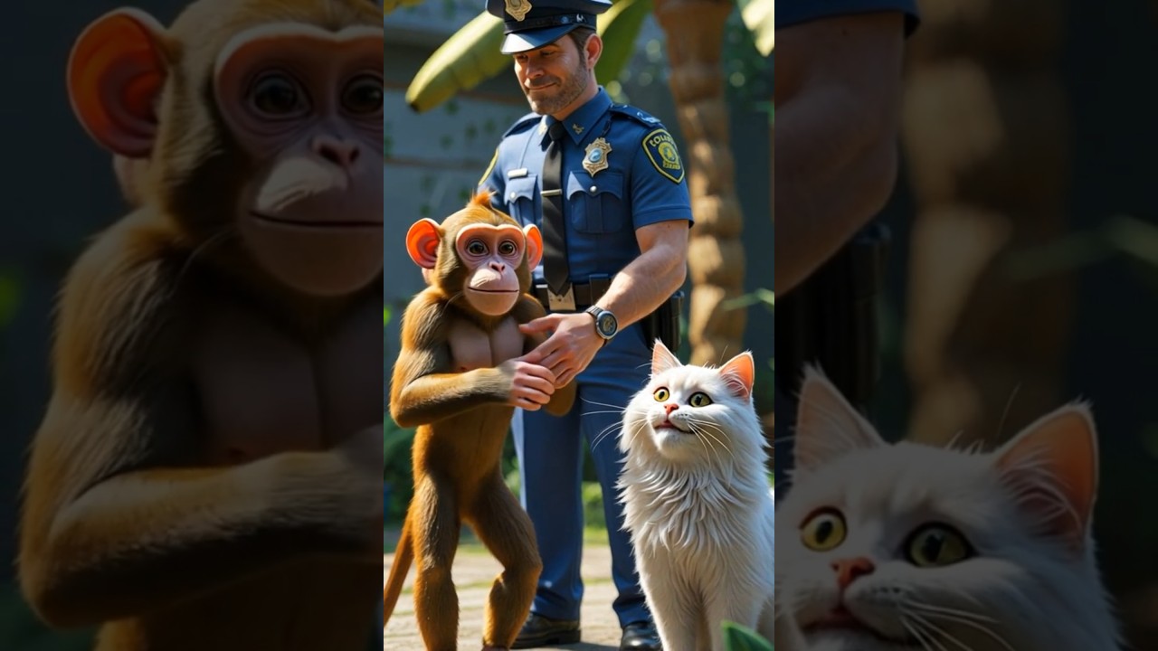 A white fluffy cat plant a banana tree but a monkey came