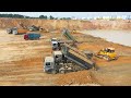 Best Bulldozers and Dump Trucks Working   Bulldozer Pushing Soil, Dump Trucks Unloading Soil