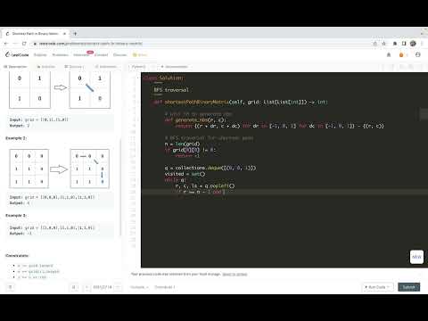 leetcode 1091. Shortest Path in Binary Matrix - BFS traversal solution