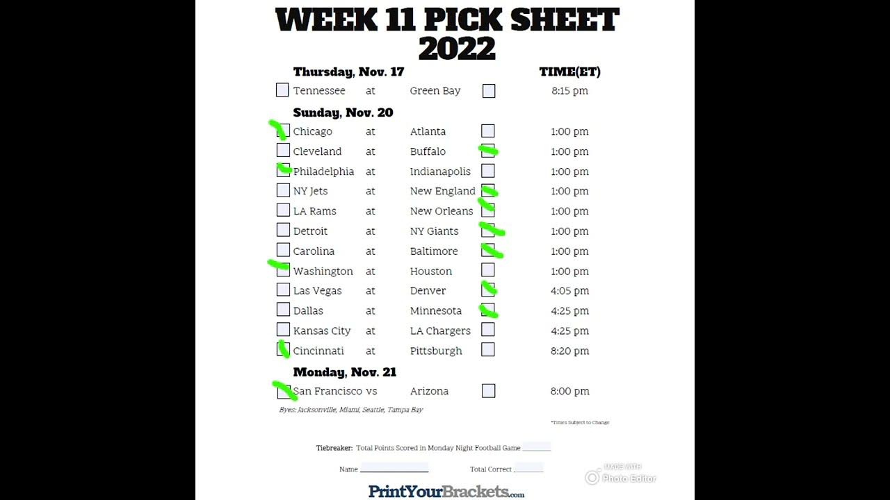 My Week 11 Pick Em Predictions!!!! YouTube