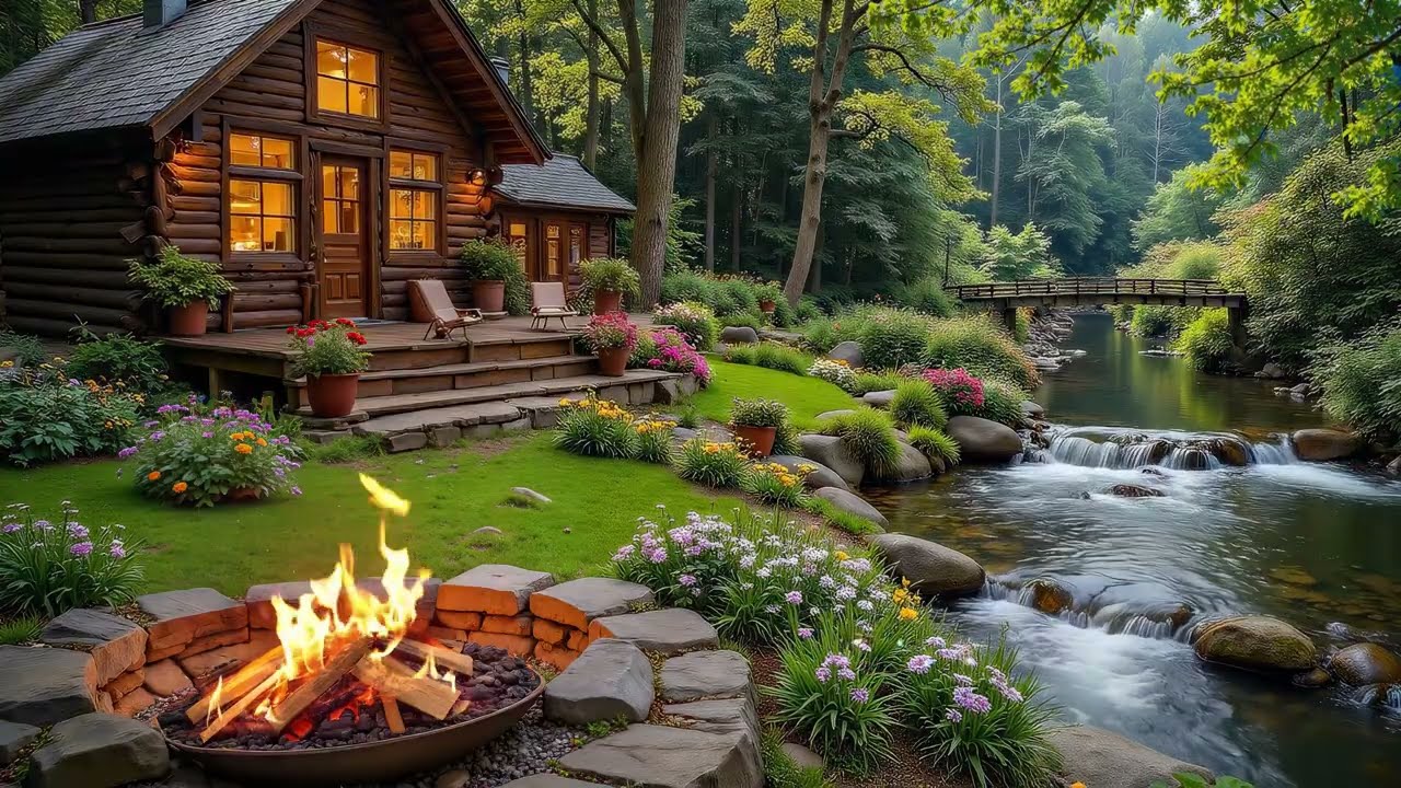 Peaceful Riverside Cabin 🌿 Sunny Day Space by the Lake with Healing Piano Music & Relaxing Campfire