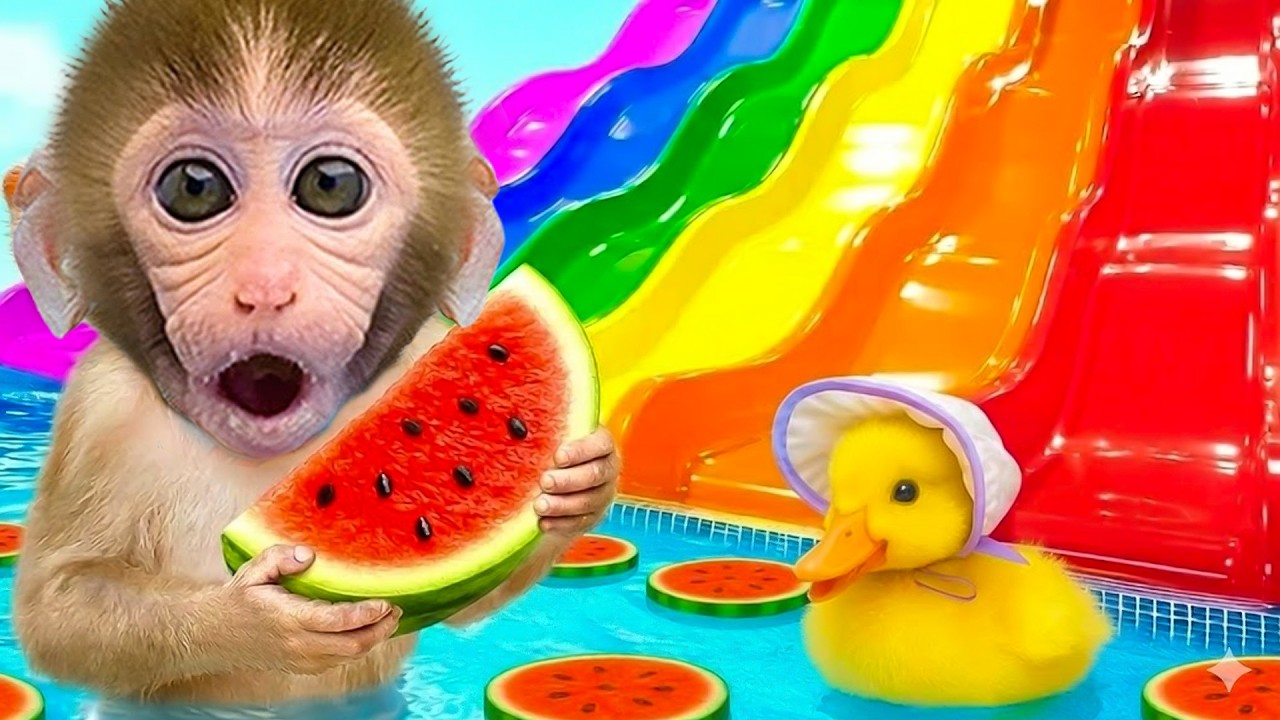 Aapje Bonbon zorgt voor de eenden en speelt in het waterpark