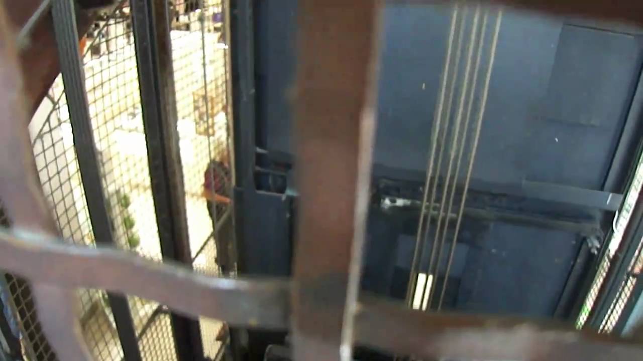 Old open framed lift shaft with Otis selector tape - DINGLES of Bournemouth (strange name?)