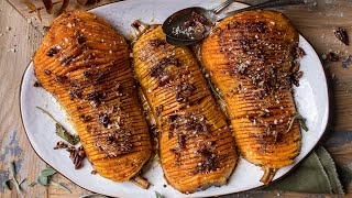 Vegan Hasselback Squash with Pecan Sage Butter Sauce