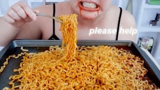 pink asmr forcing herself to eat spicy noodles for 3 minutes straight