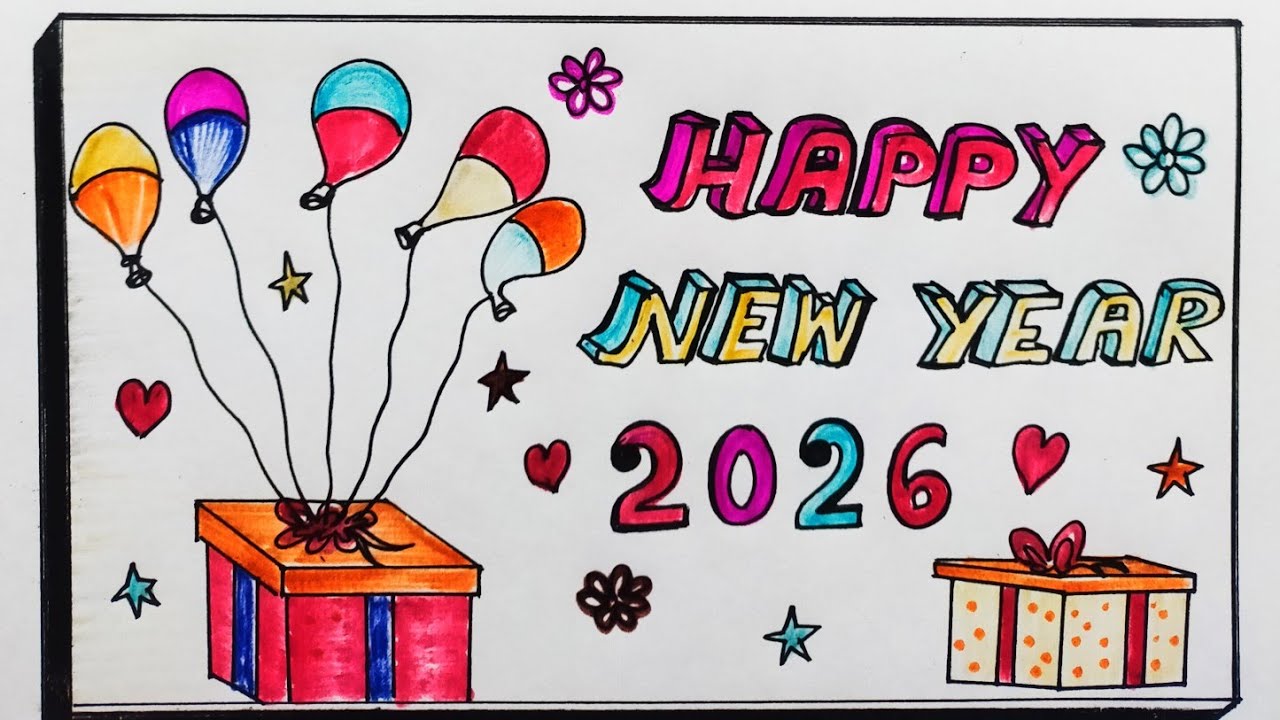 Happy New Year 2026 Drawing||How To Draw Happy New Year Poster Drawing||Beautiful New year drawing 