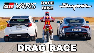 Rally Bike v Toyota Supra v GR Yaris: DRAG RACE