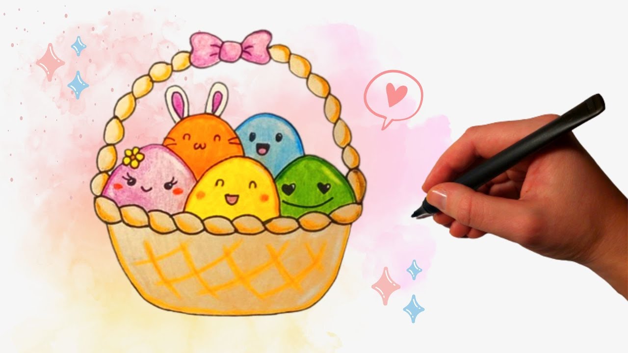 How to Draw a Cute Easter Basket with Eggs Step by Step YouTube