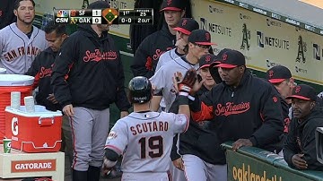 SF@OAK: Pence singles home the first run of the game