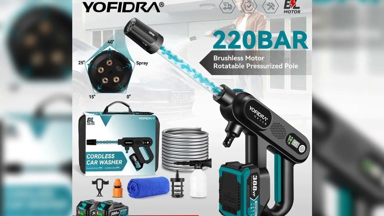 A must-have product! YOFIDRA 220Bar Brushless High Pressure Car Washer Gun 3 Gear Electric Garden
