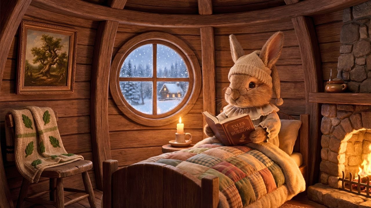 Winter Cozy Night of Bunny's | Soft Piano Melodies & Crackling Fire Sounds for Peaceful Sleep, Relax