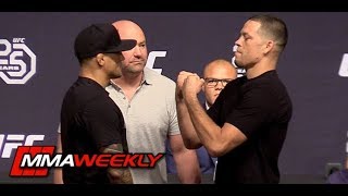 Nate Diaz No Shows Face-Off Then Has Staredown with Dustin Poirier (UFC 25th Anniversary)