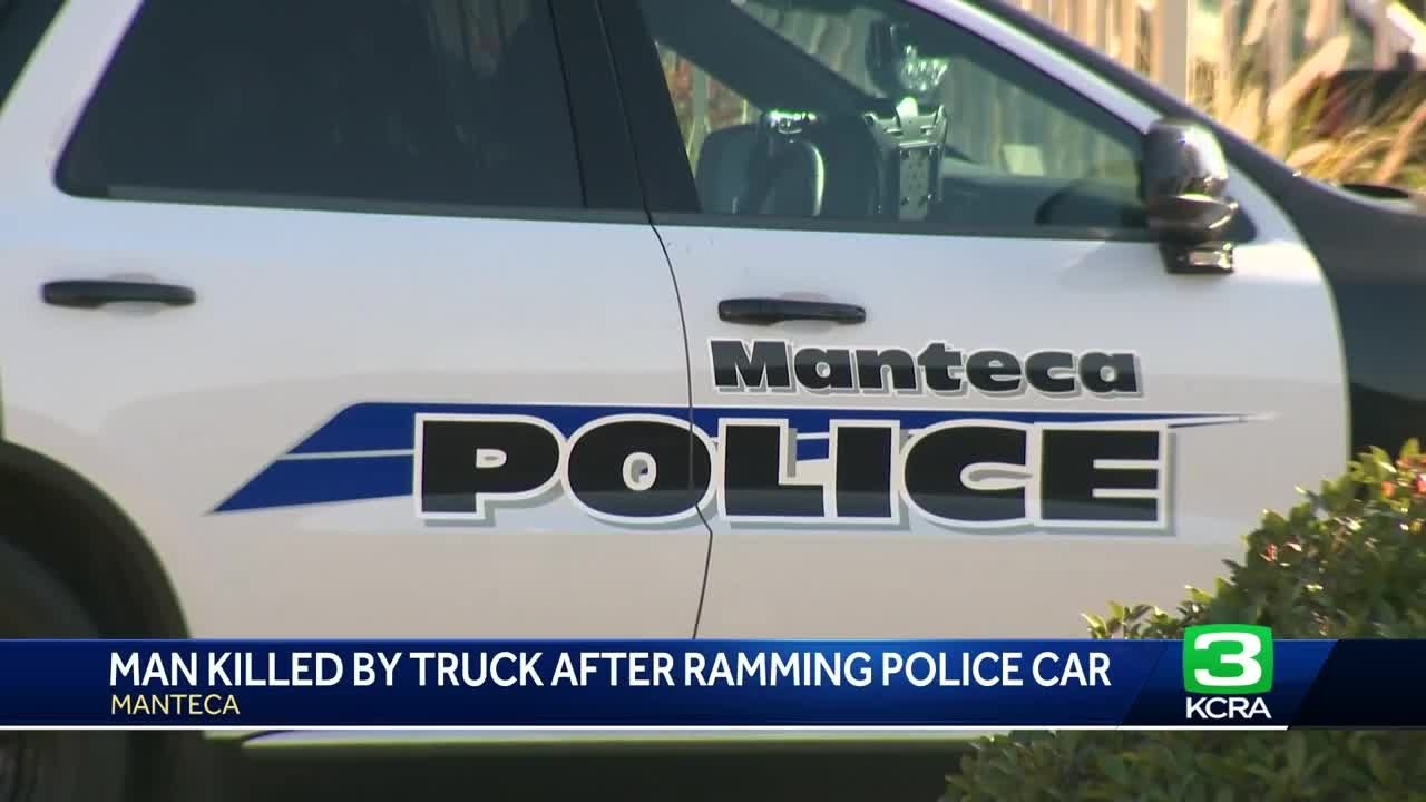 Man killed by truck after ramming Manteca police patrol car - YouTube