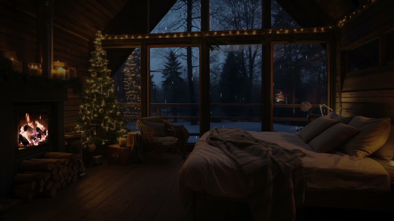 Light Snowstorm and Crackling Fire with Candles - With Winter Wonderland View - Sleep, Relax, Study