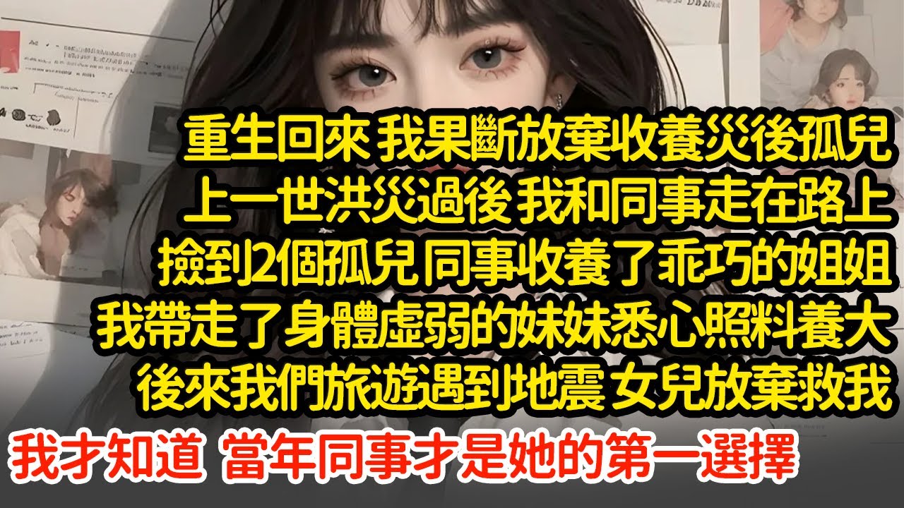 重生回來 我果斷放棄收養災後孤兒，上一世洪災過後，同事收養了乖巧的姐姐我帶走了身體虛弱的妹妹，後來我們旅遊遇到地震 女兒放棄救我，我才知道  當年同事才是她的第一選擇#小說#推文#新題材#爽文#復仇