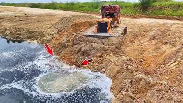 The!! Skill Driver Operator Bulldozer KOMATSU D53P Push Stone Into Water, Dump Truck 25Ton Unloading