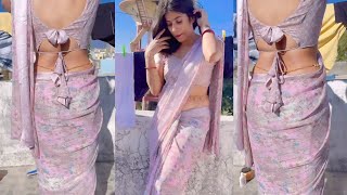 Pastel Pink Floral Chiffon Saree with Matching Tie - Back Chiffon Blouse | Soft Summer Terrace Look screenshot 2