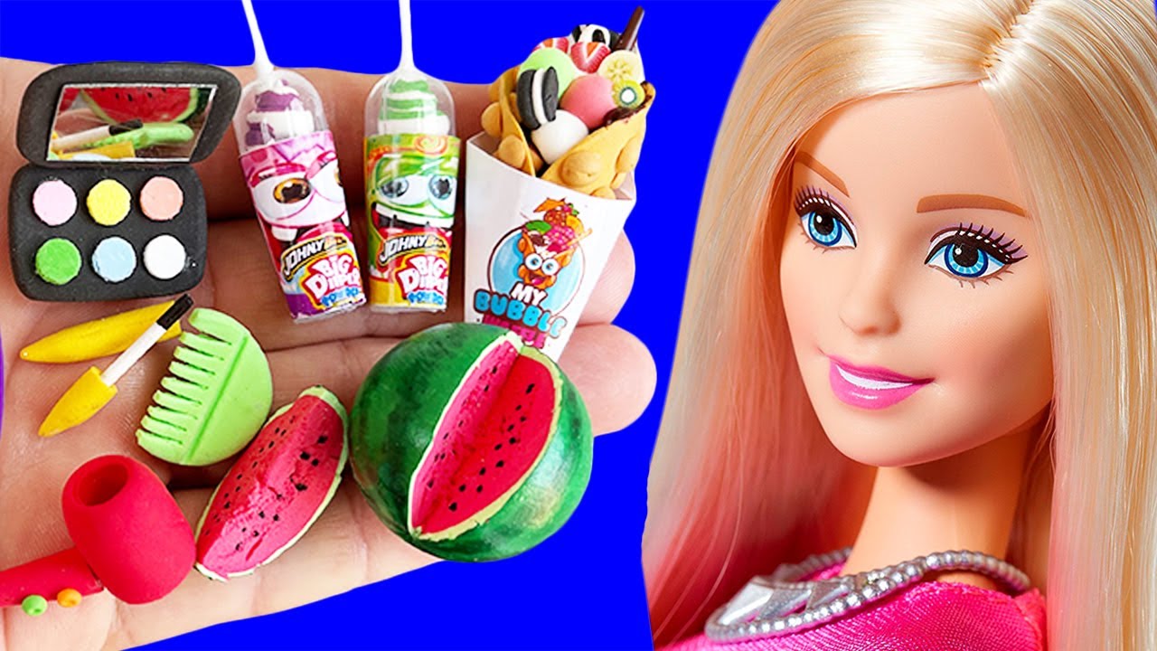 12 DIY Miniaturas de Comidas para Barbie Fácil de Fazer Pizza, Sorvete,  Caneca, Fritas Barbie 