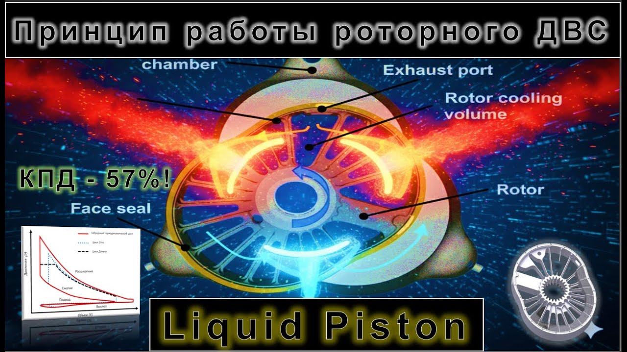 Принцип работы роторного двигателя Liquid Piston. Уникальность гибридно-термодинамического цикла.