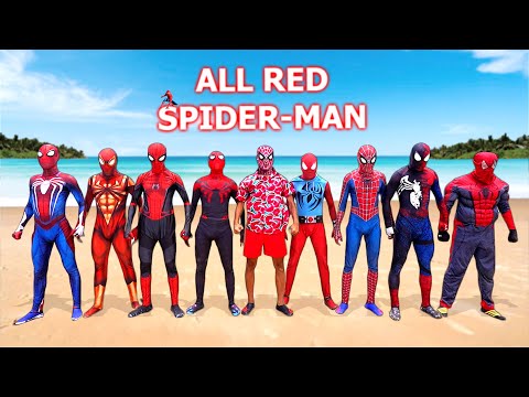 ALL RED SPIDER-MAN Party Battle On The Beach ( Funny Live Action )