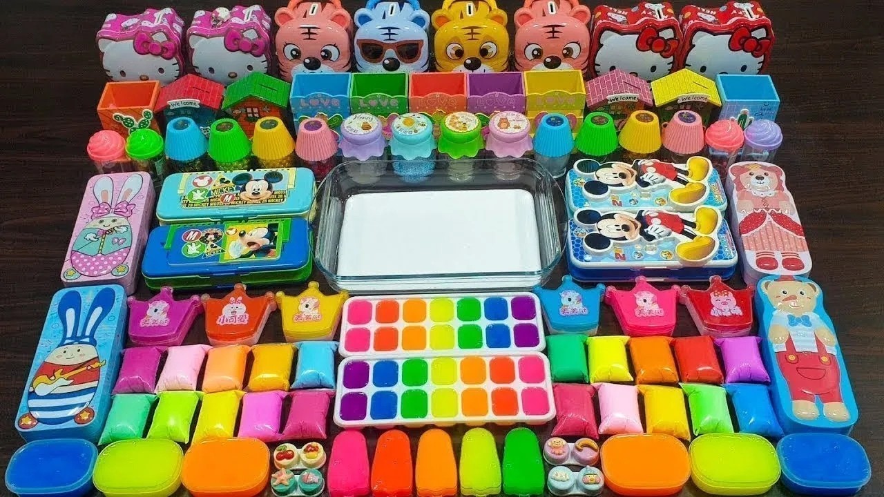 Rainbow slime ! Mixing random things into glossy slime ! Relaxing slime videos !!!