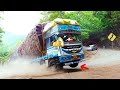 Heavy loaded lorry at full speed honking at crazy car driver  truck driver applies sudden breaks