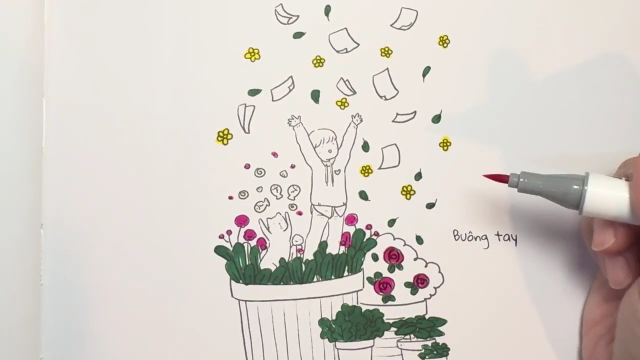 Chậu cây cùng em bé và chú mèo