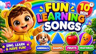 10-Minute Fun Kids Songs | Learn Animals, Shapes, Fruits &amp; Vegetables | Go with Nico