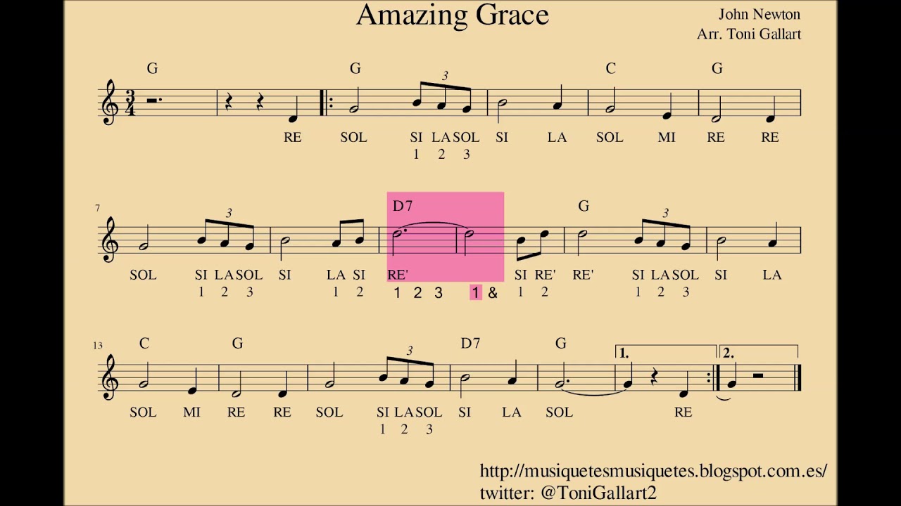 Amazing Grace. Partitura flauta, violín, oboe,... + audio. SI melodía