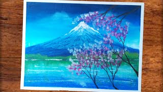 gunung FUJI - Cara menggambar Dan Mewarnai sakura bersemi dengan oil pastel - #gambar13