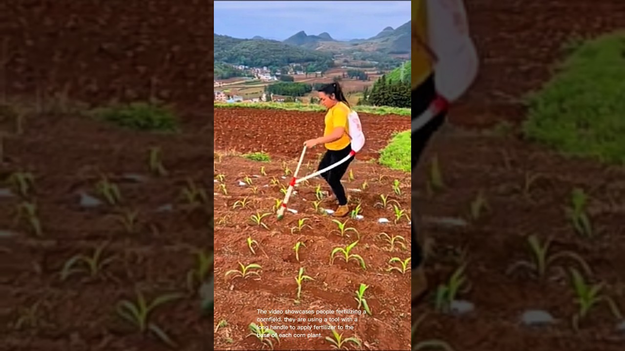 Fertilizing corn: people using a tool to apply fertilizer to corn plants in a field