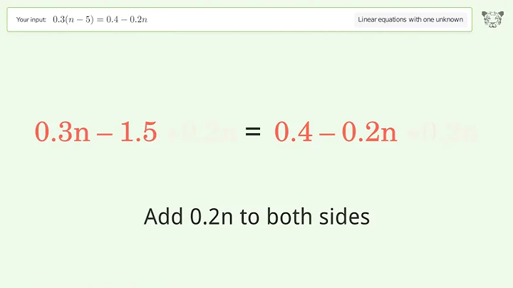 Linear equation with one unknown: Solve 0.3(n-5)=0.4-0.2n step-by-step solution