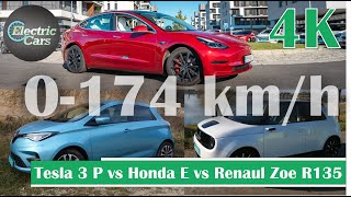 0-174km/h Tesla Model 3 Performance vs Honda E vs Renault Zoe R135 - Electric Cars TV